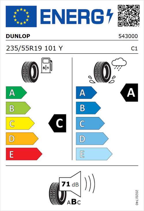 Tyre Label for Dunlop Sportmaxx RT 2 SUV 235/55R19 101Y