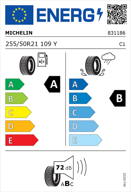 Tyre Label for Michelin Pilot Sport EV 255/50R21 109Y